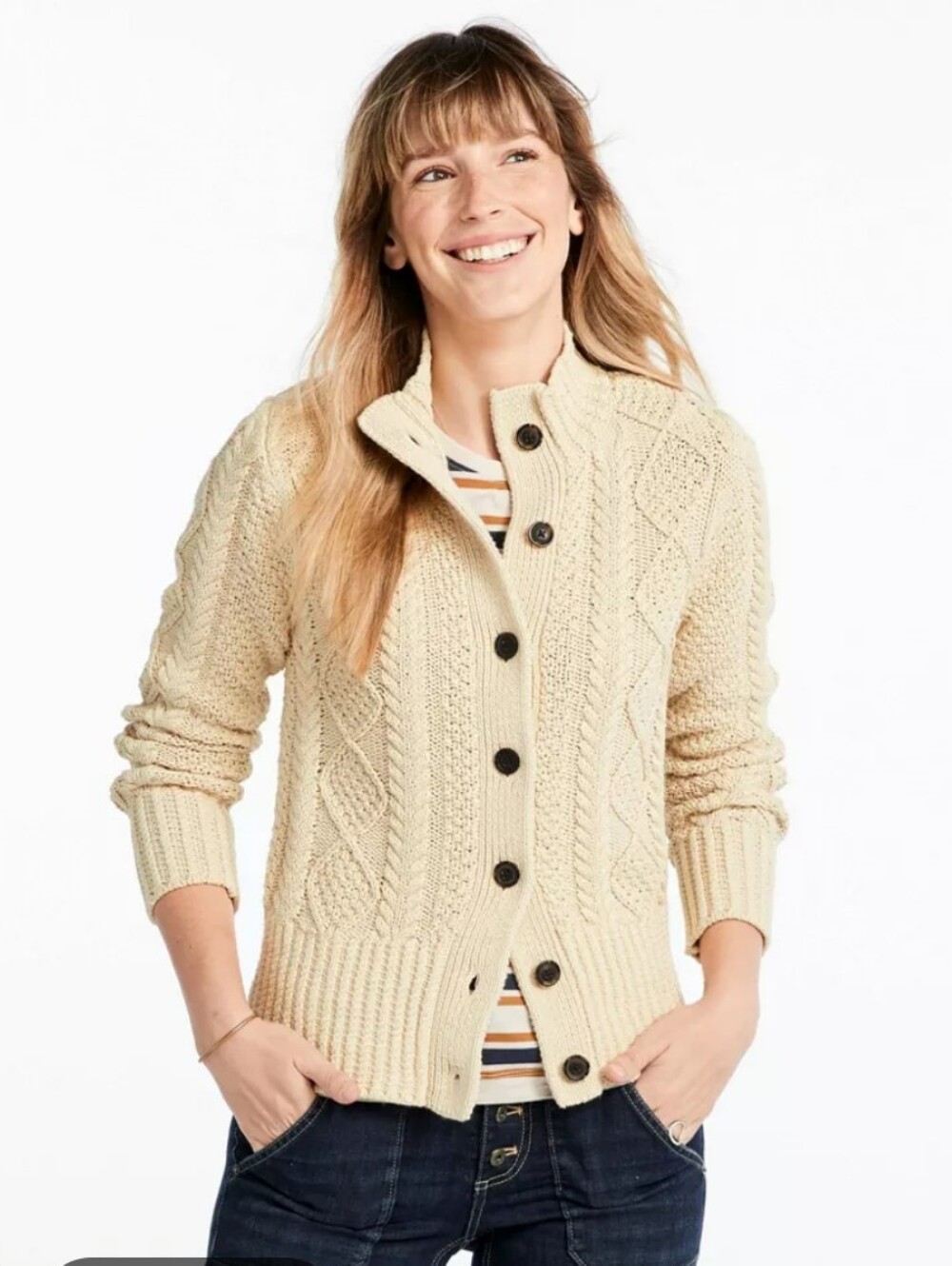 L.L.Bean Wool‎ Button Cardigan Sweater, Made In Scotland, Cream And Tan, Size L